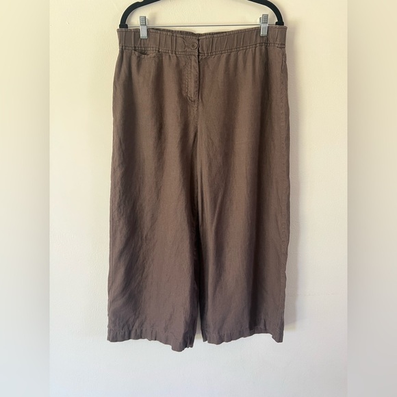 Eileen Fisher Brown Organic Linen Wide Leg Cropped Pants Size Medium - Picture 1 of 9